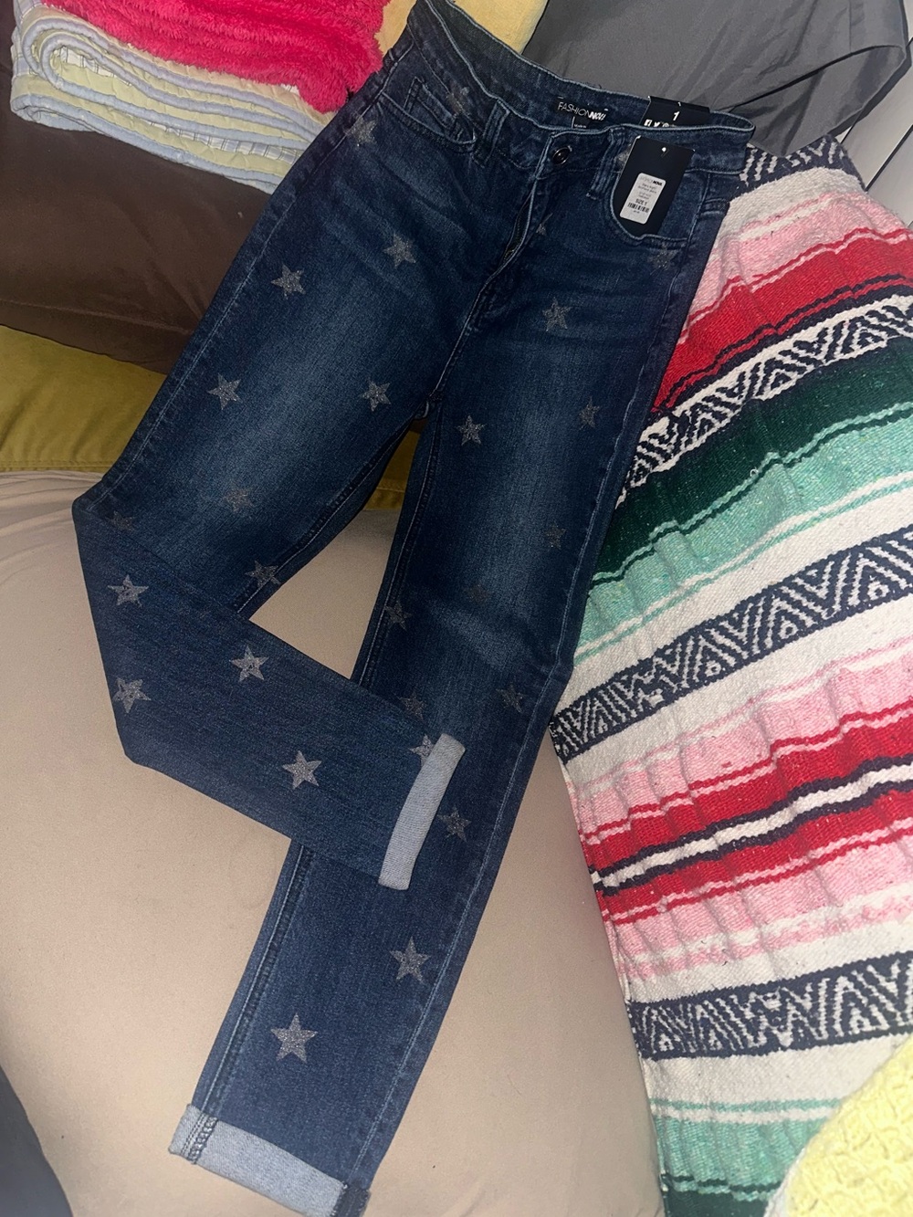 Fashion Nova Dark Wash Skinny Jeans with Star Print
